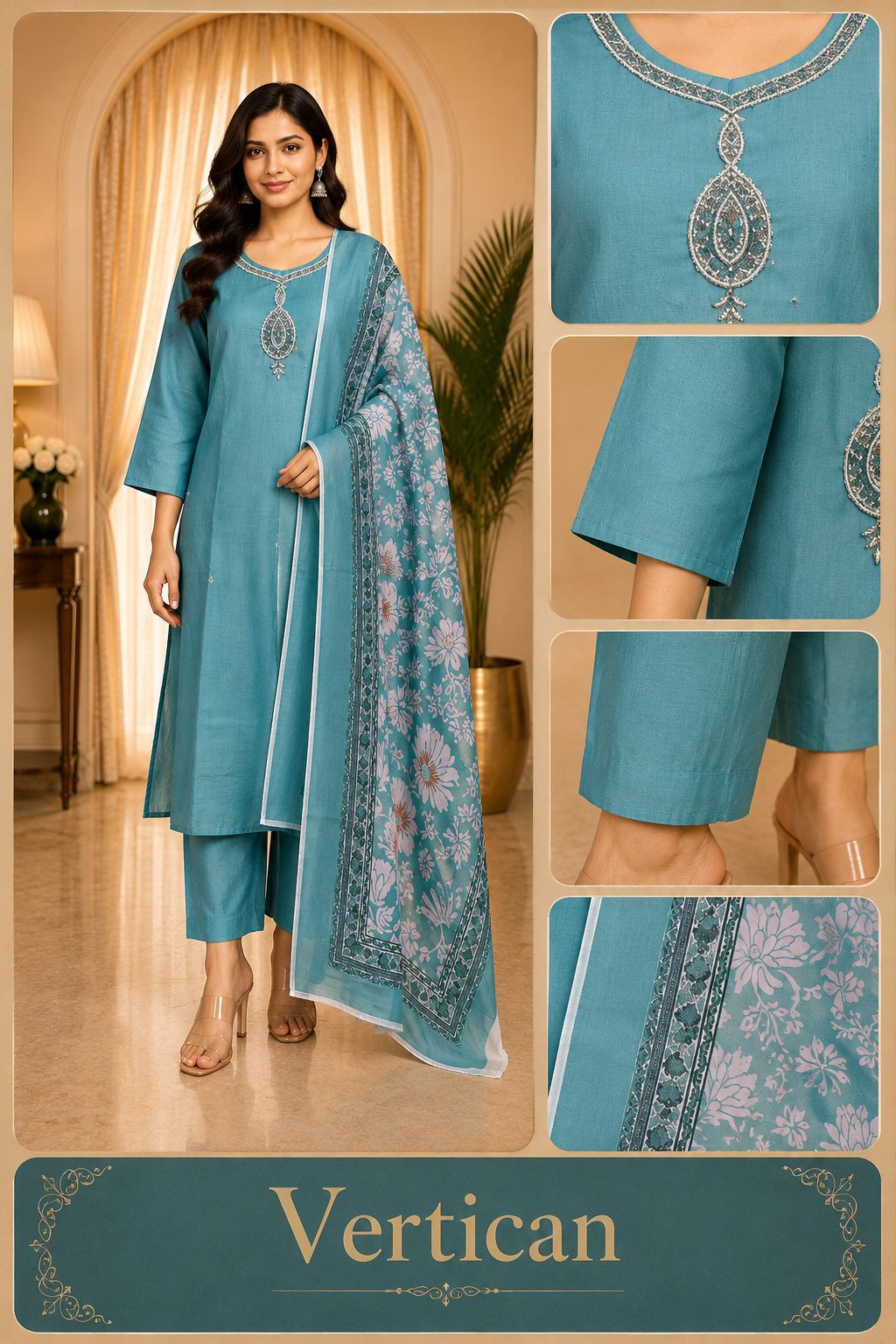 Elegant Teal Blue Vertican 3-Piece Ethnic Suit Set