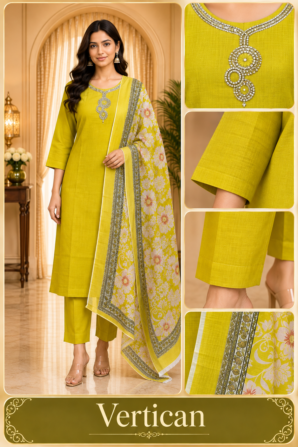 Elegant Mustard Yellow Vertican 3-Piece Ethnic Suit Set