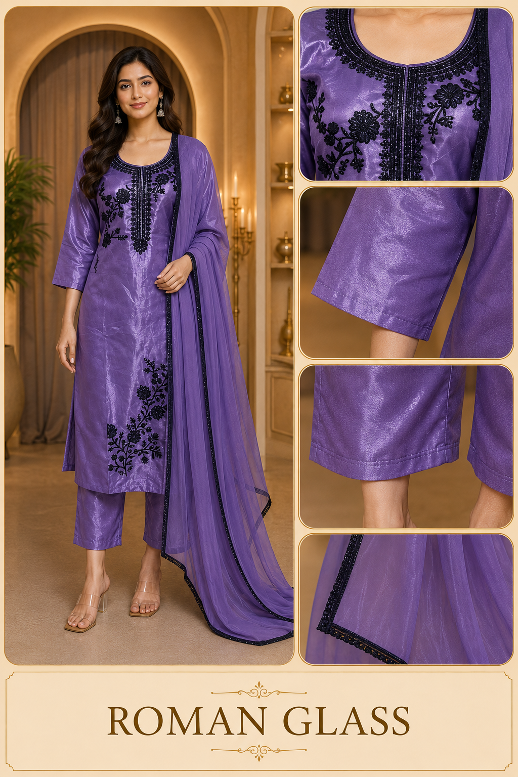 Lavender Purple ROMAN GLASS 3-Piece Stone Work Straight Suit Set
