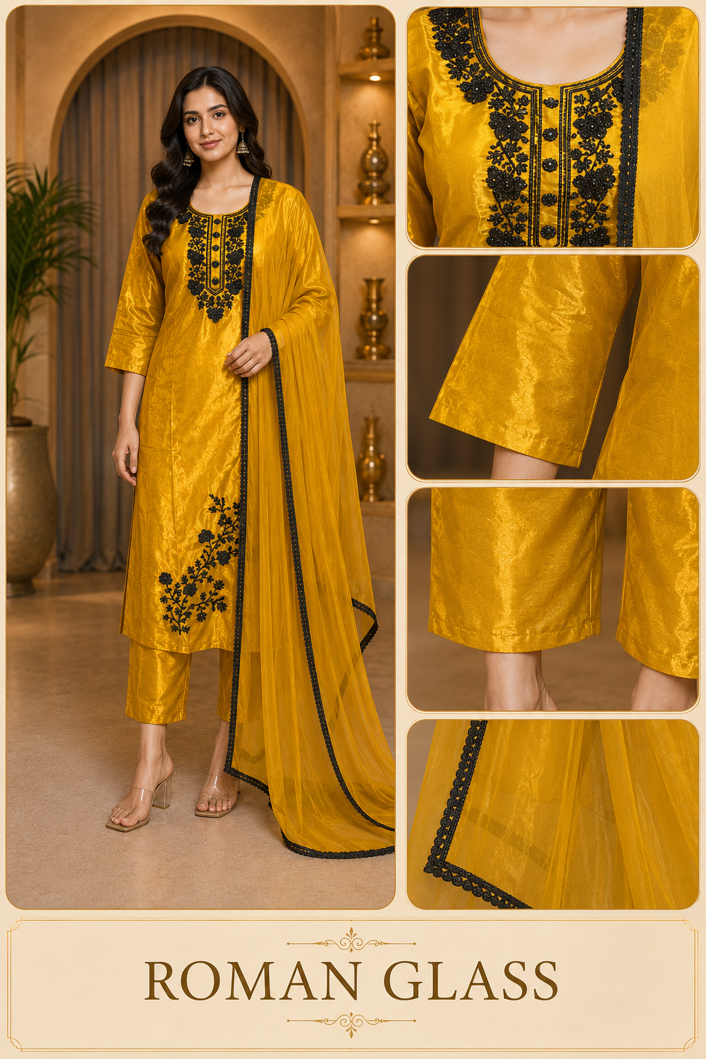 Mustard Yellow ROMAN GLASS 3-Piece Stone Work Straight Suit Set