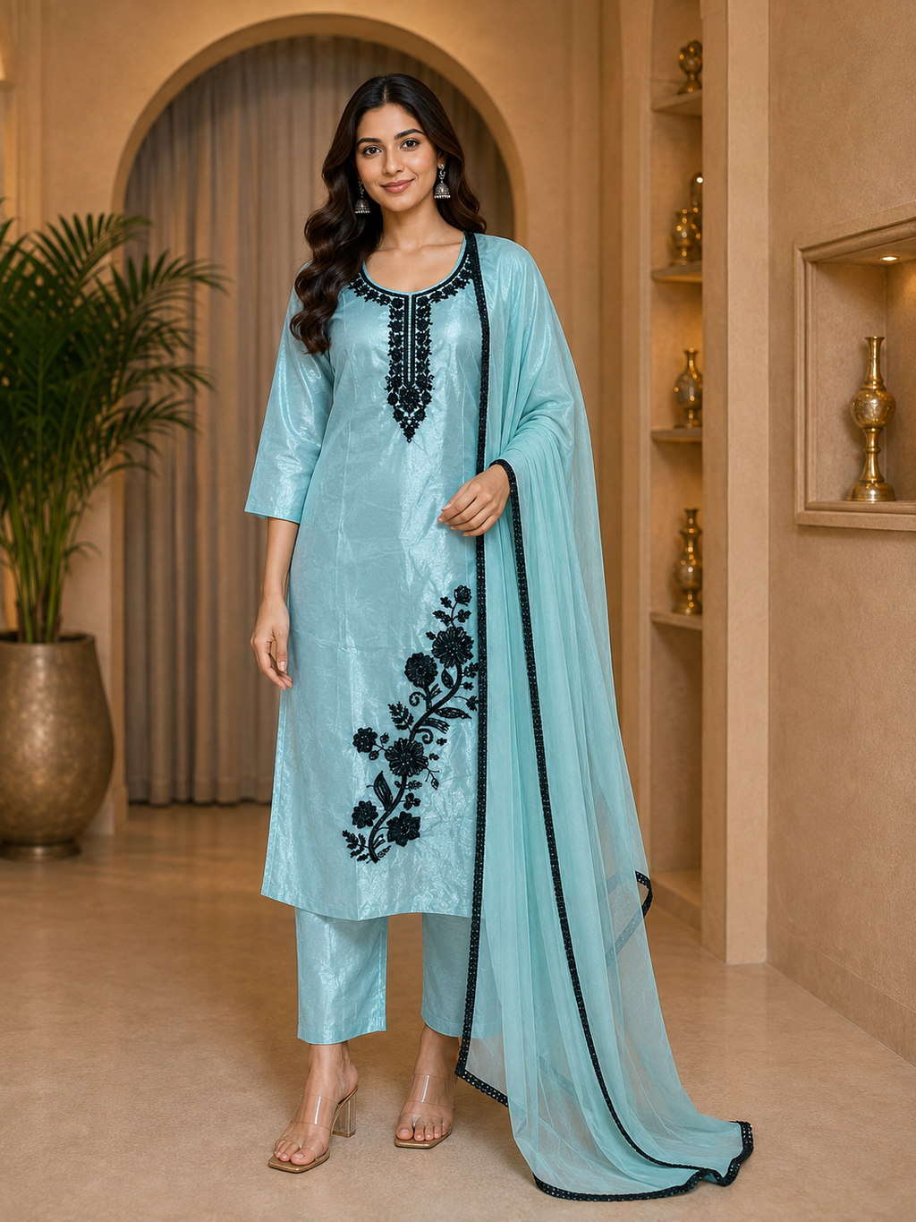 Ice Blue ROMAN GLASS 3-Piece Stone Work Straight Suit Set