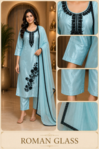 Ice Blue ROMAN GLASS 3-Piece Stone Work Straight Suit Set