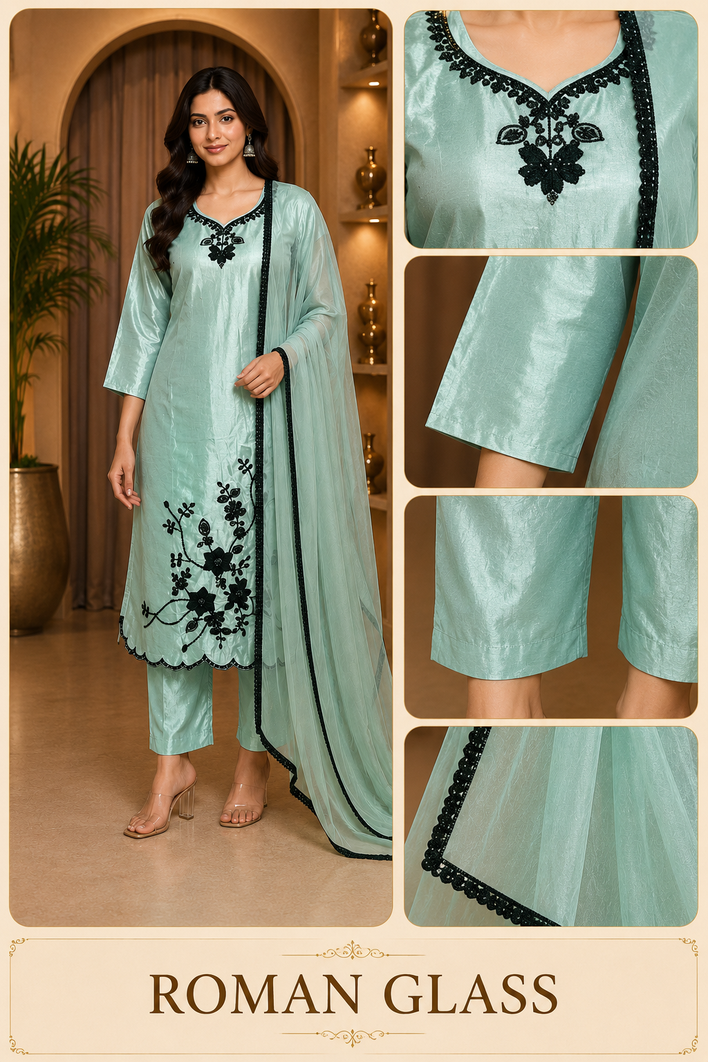 Mint Green ROMAN GLASS 3-Piece Stone Work Straight Suit Set