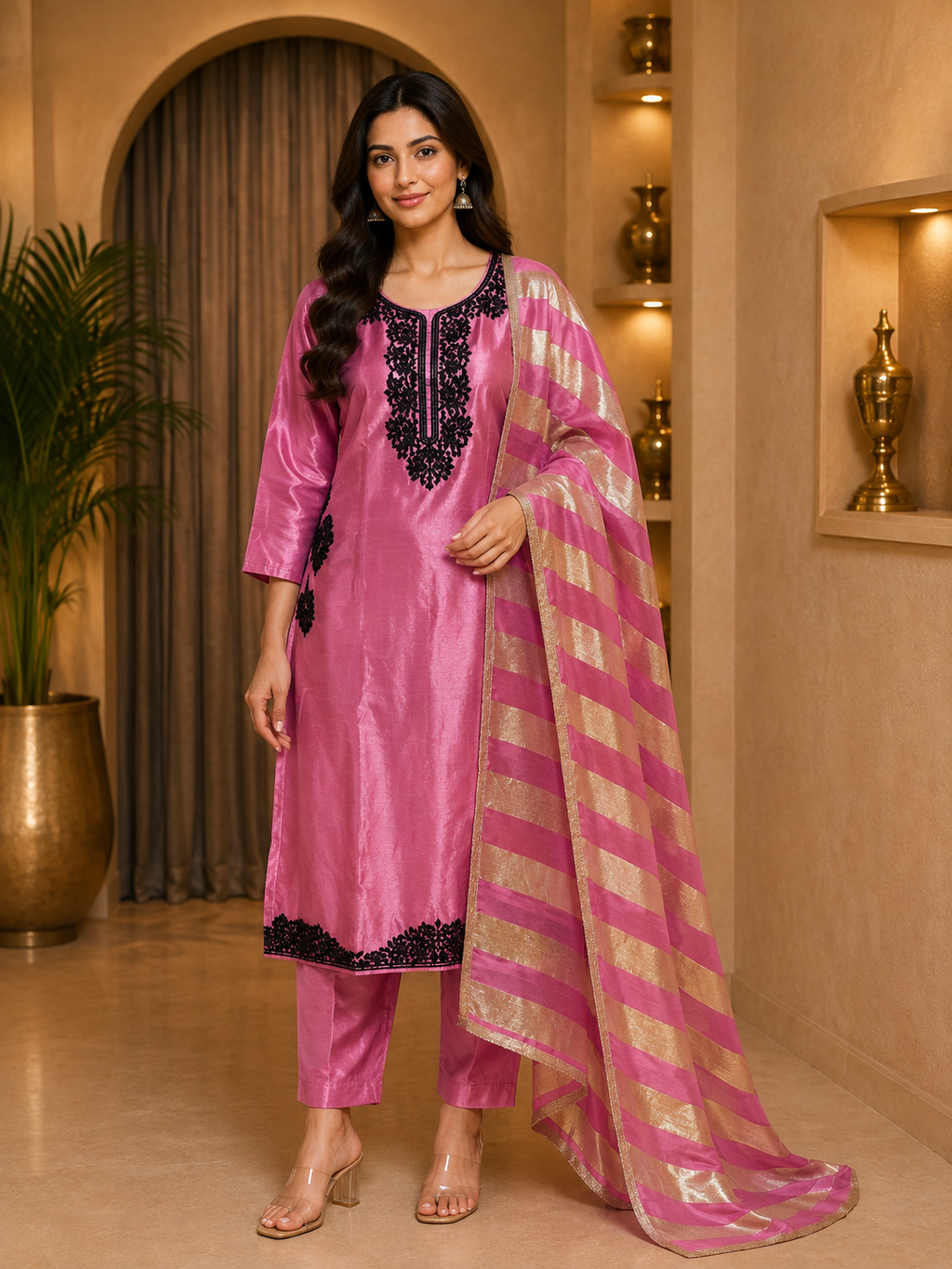 Rose Pink ROMAN GLASS 3-Piece Stone Work Straight Suit Set