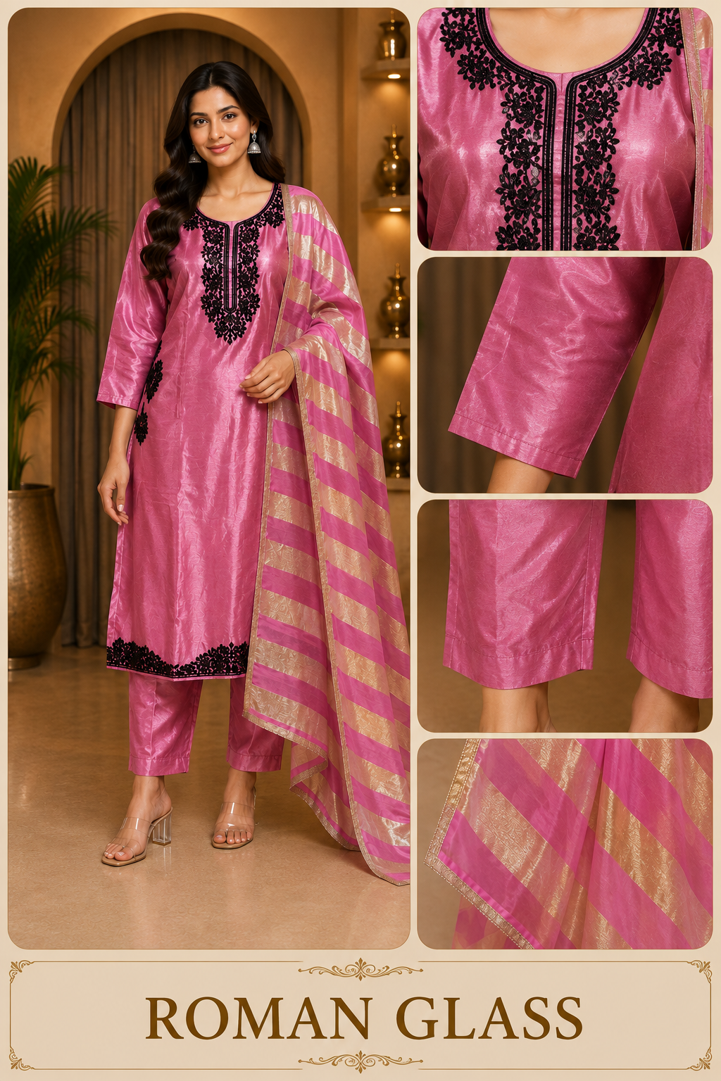 Rose Pink ROMAN GLASS 3-Piece Stone Work Straight Suit Set