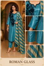 Teal Blue ROMAN GLASS 3-Piece Stone Work Straight Suit Set