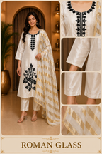 Ivory ROMAN GLASS 3-Piece Straight Suit Set with Black Stone Work