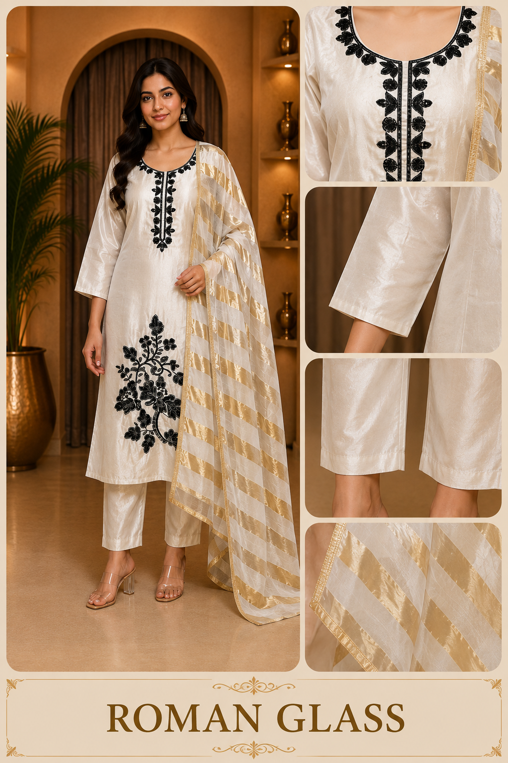 Ivory ROMAN GLASS 3-Piece Straight Suit Set with Black Stone Work