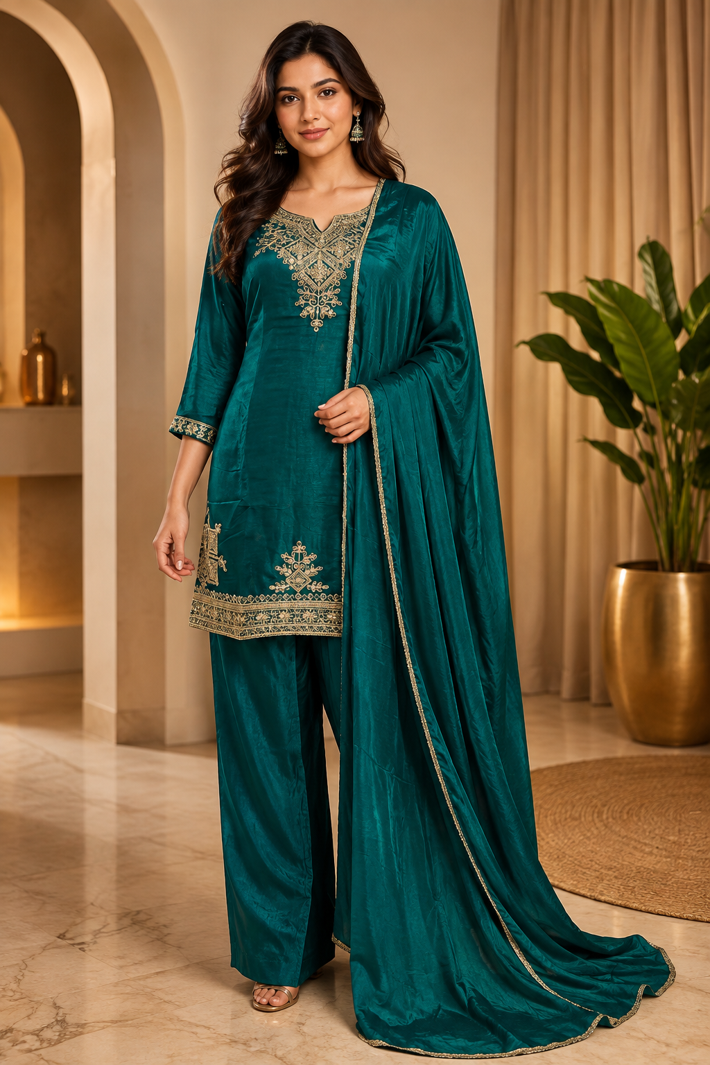 Deep Teal ROMAN GLASS Embroidered 3-Piece Suit Set