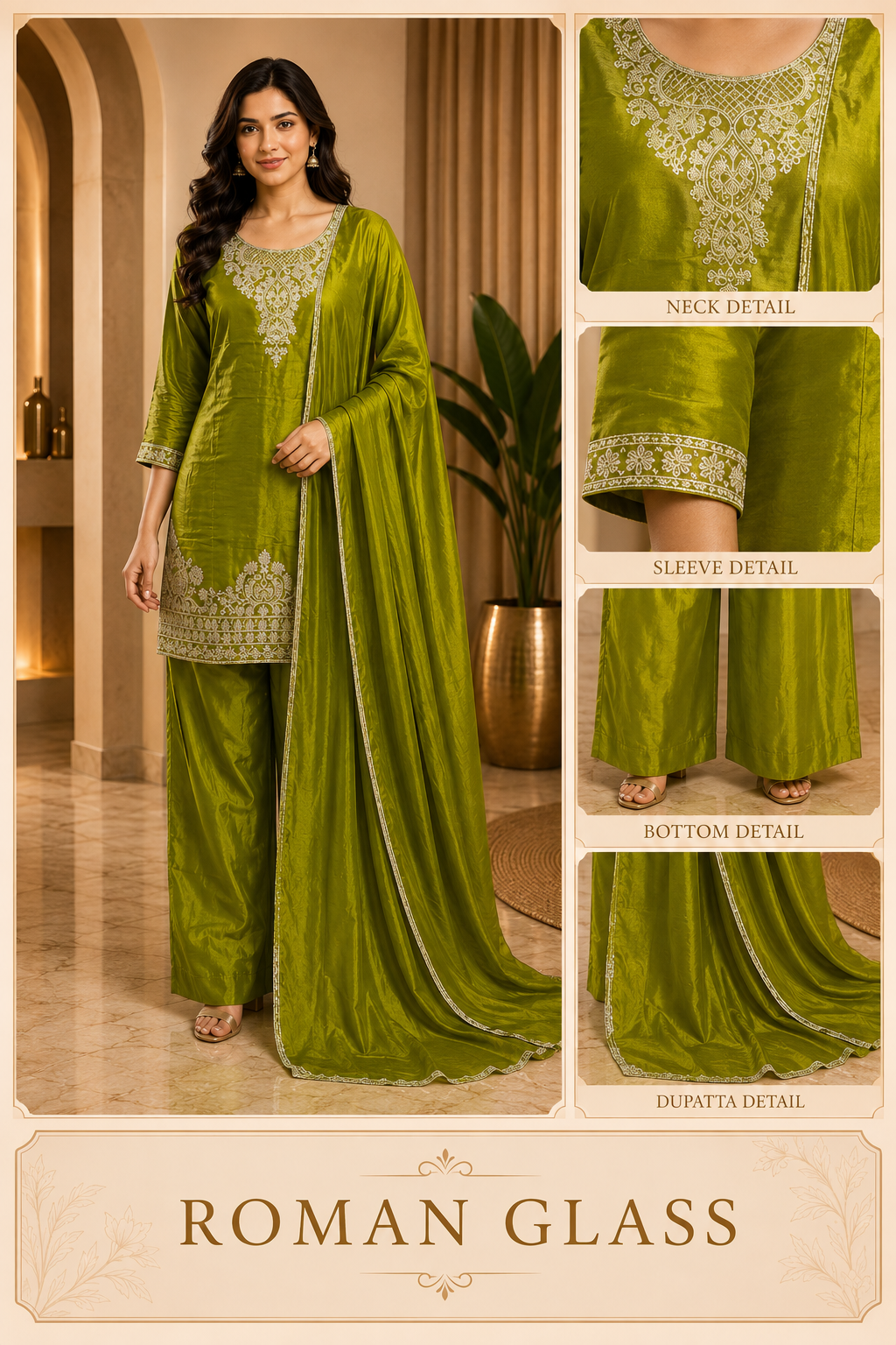 Olive Green ROMAN GLASS Embroidered 3-Piece Suit Set