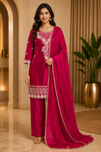 Fuchsia Pink ROMAN GLASS Embroidered 3-Piece Suit Set