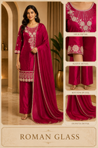 Fuchsia Pink ROMAN GLASS Embroidered 3-Piece Suit Set