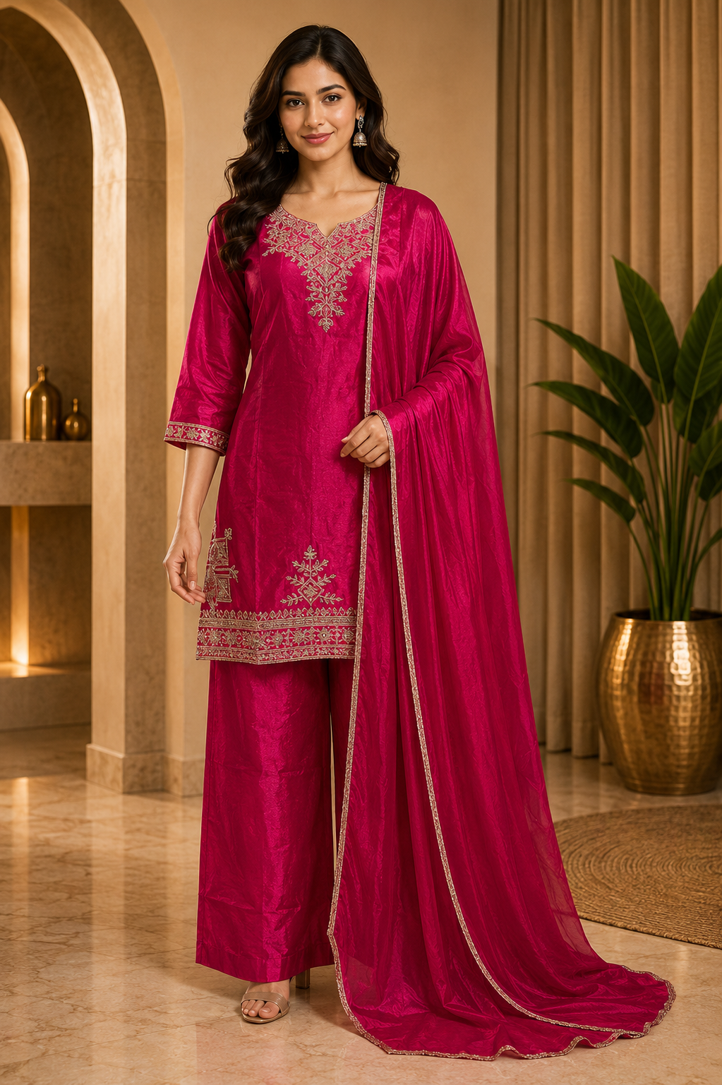 Magenta ROMAN GLASS Embroidered 3-Piece Straight Suit Set