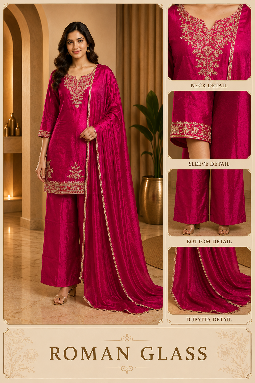 Magenta ROMAN GLASS Embroidered 3-Piece Straight Suit Set