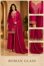 Magenta ROMAN GLASS Embroidered 3-Piece Straight Suit Set