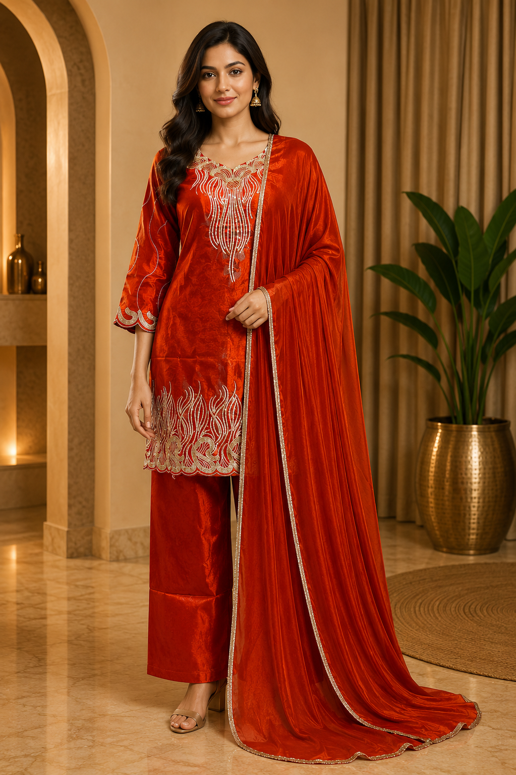 Rust Orange ROMAN GLASS Embroidered 3-Piece Suit Set