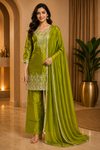 Olive Green ROMAN GLASS Embroidered 3-Piece Suit Set