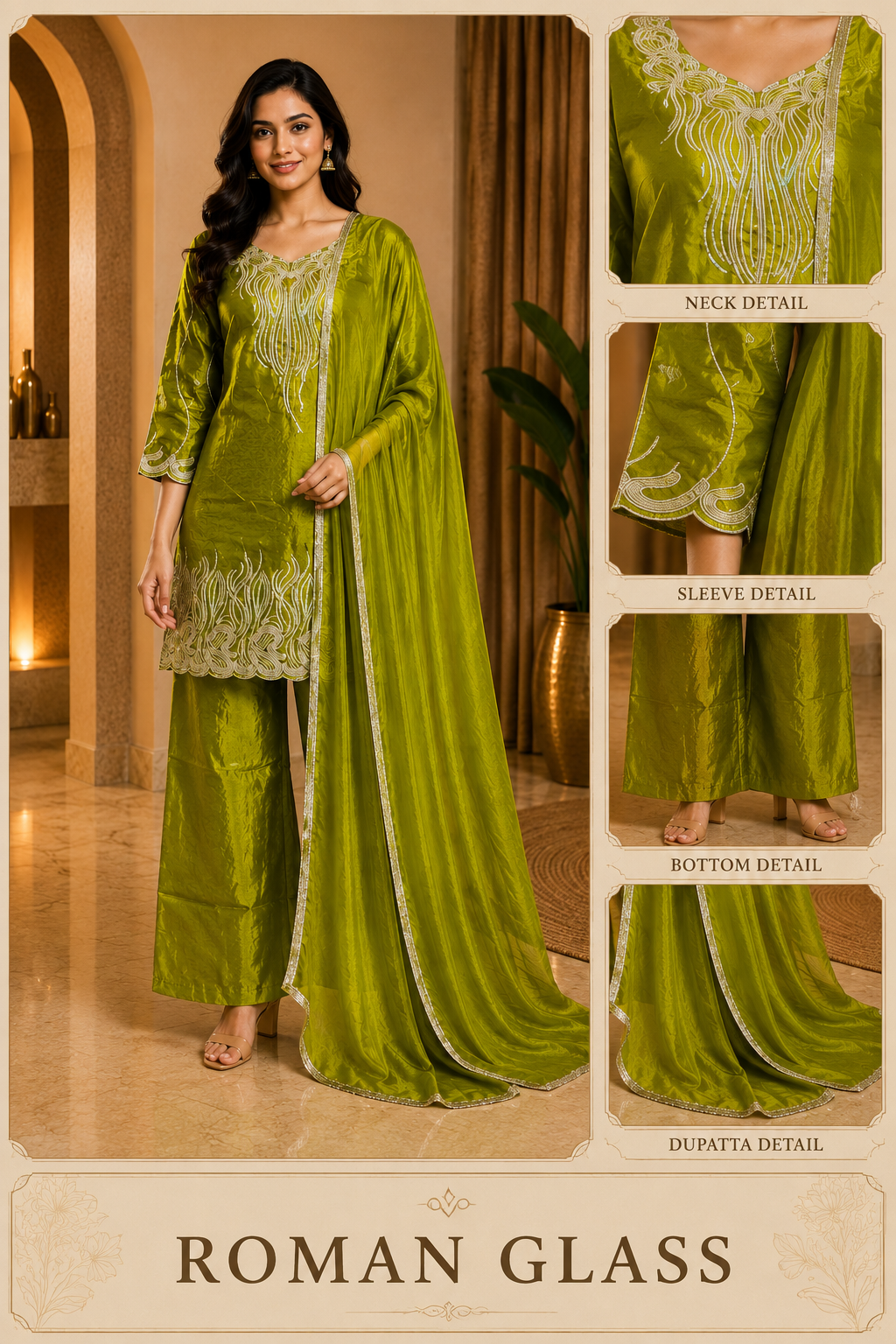 Olive Green ROMAN GLASS Embroidered 3-Piece Suit Set