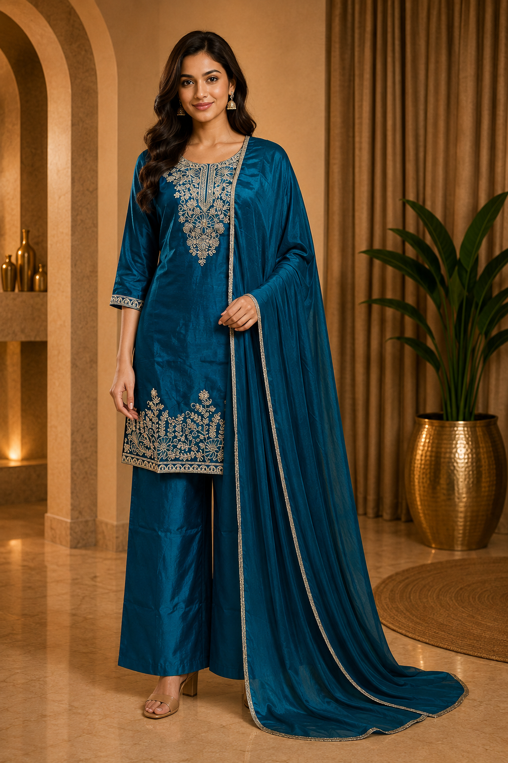 Teal Blue ROMAN GLASS Embroidered 3-Piece Suit Set