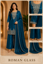 Teal Blue ROMAN GLASS Embroidered 3-Piece Suit Set