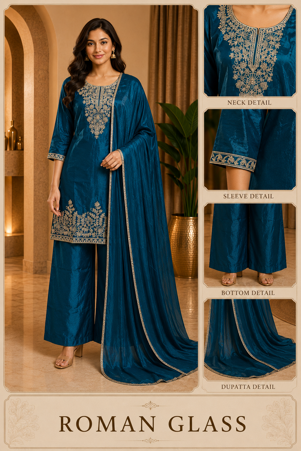 Teal Blue ROMAN GLASS Embroidered 3-Piece Suit Set