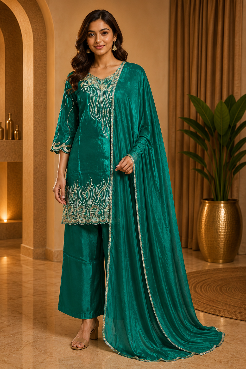 Deep Teal ROMAN GLASS Embroidered 3-Piece Suit Set