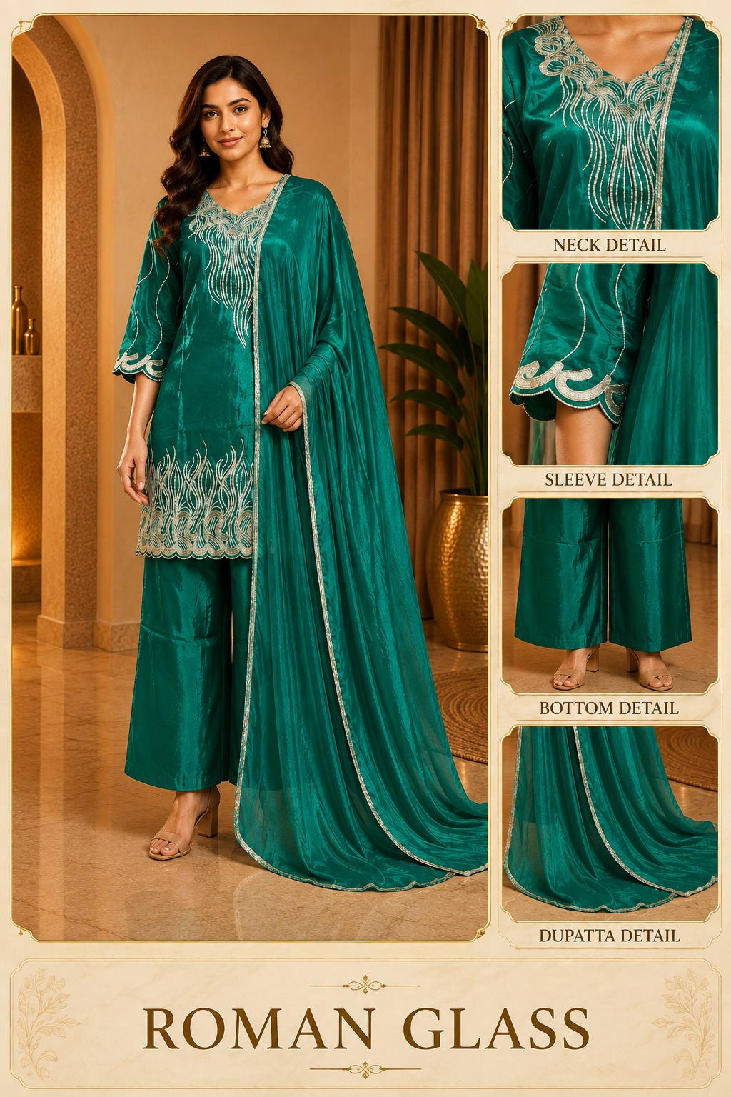 Deep Teal ROMAN GLASS Embroidered 3-Piece Suit Set