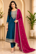 Deep Teal ANAARKALI DRESS in VICHITRA SILK with Contrast Dupatta