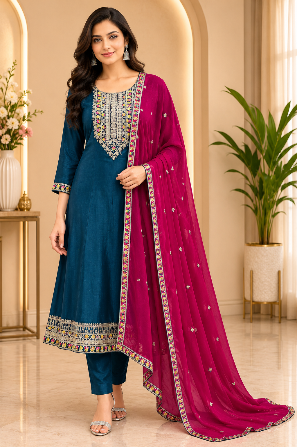 Deep Teal ANAARKALI DRESS in VICHITRA SILK with Contrast Dupatta