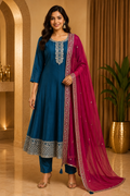 Teal Blue ANAARKALI DRESS in VICHITRA SILK with Contrast Magenta Dupatta