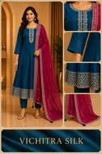 Teal Blue ANAARKALI DRESS in VICHITRA SILK with Contrast Magenta Dupatta