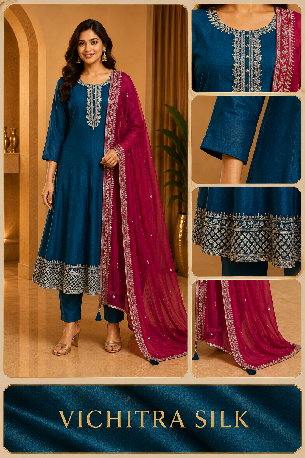 Teal Blue ANAARKALI DRESS in VICHITRA SILK with Contrast Magenta Dupatta