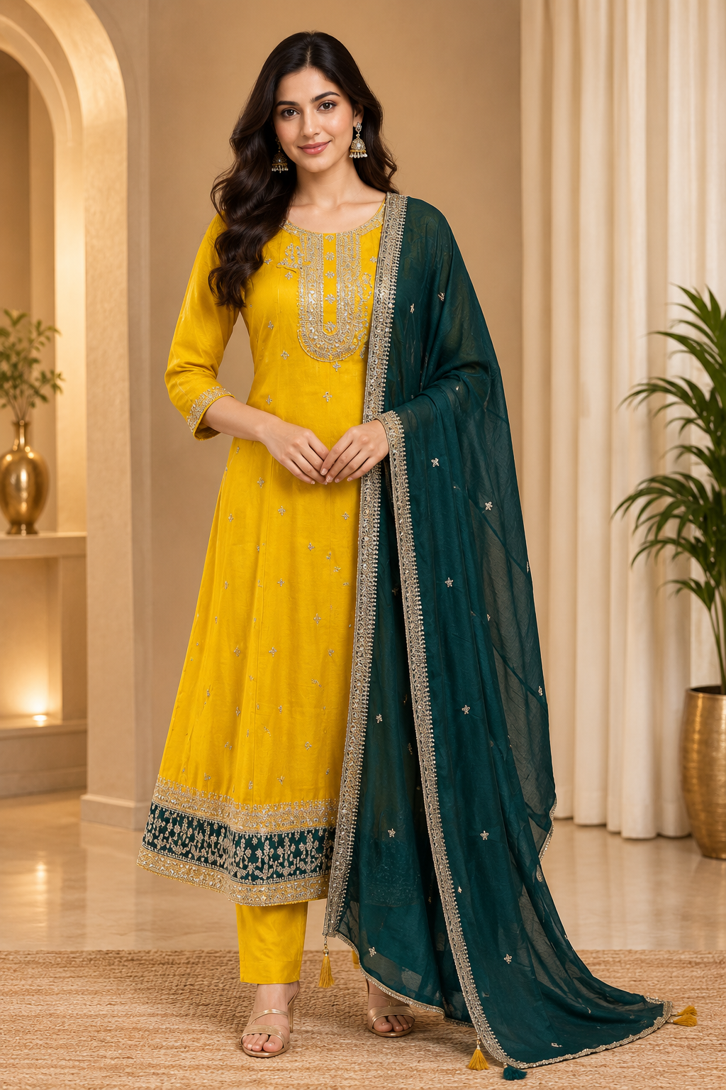 Mustard Yellow ANAARKALI DRESS in VICHITRA SILK with Contrast Green Dupatta