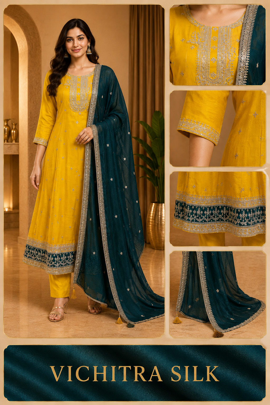 Mustard Yellow ANAARKALI DRESS in VICHITRA SILK with Contrast Green Dupatta