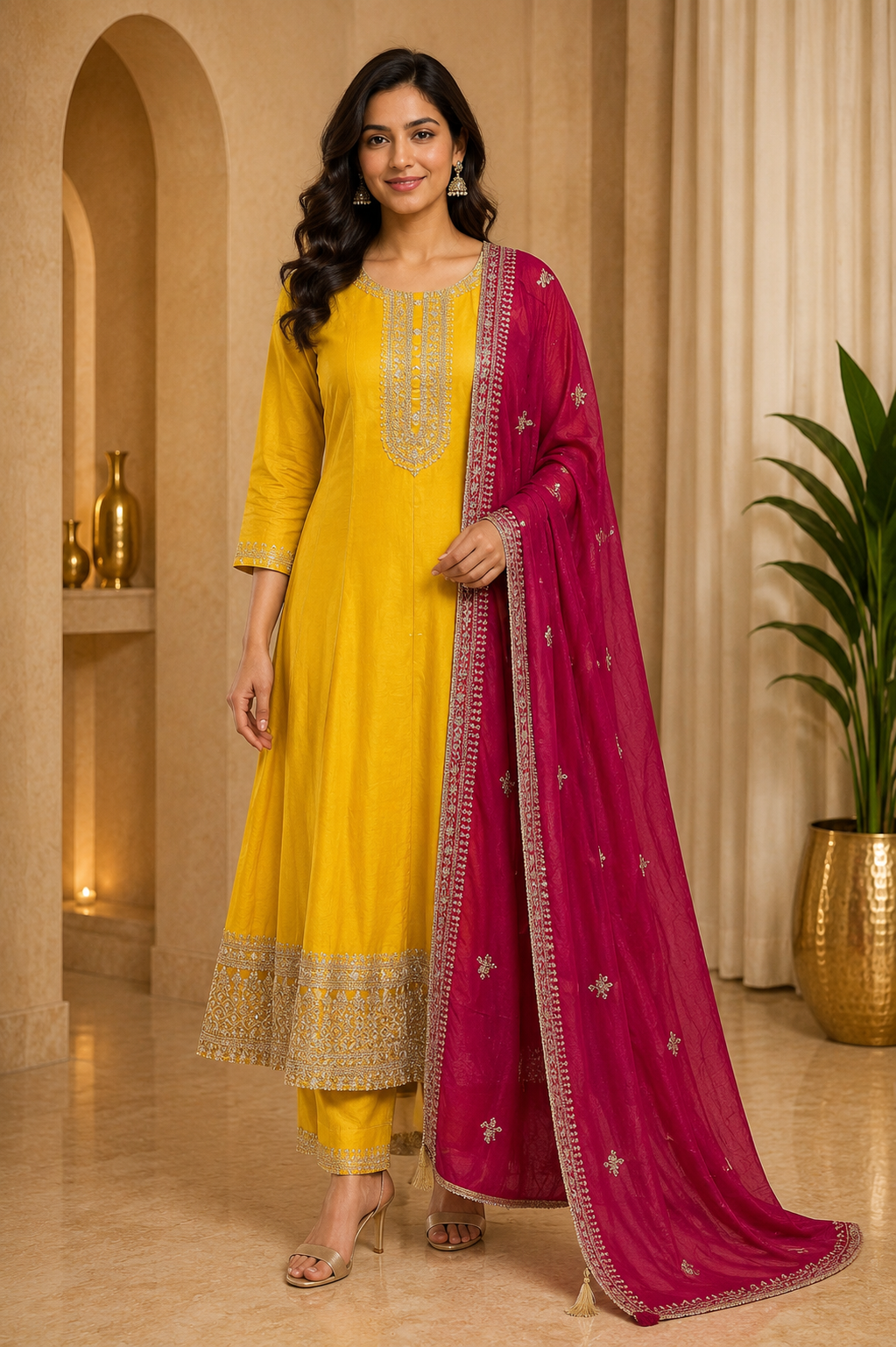 Mustard Yellow ANAARKALI DRESS with Magenta Contrast Dupatta