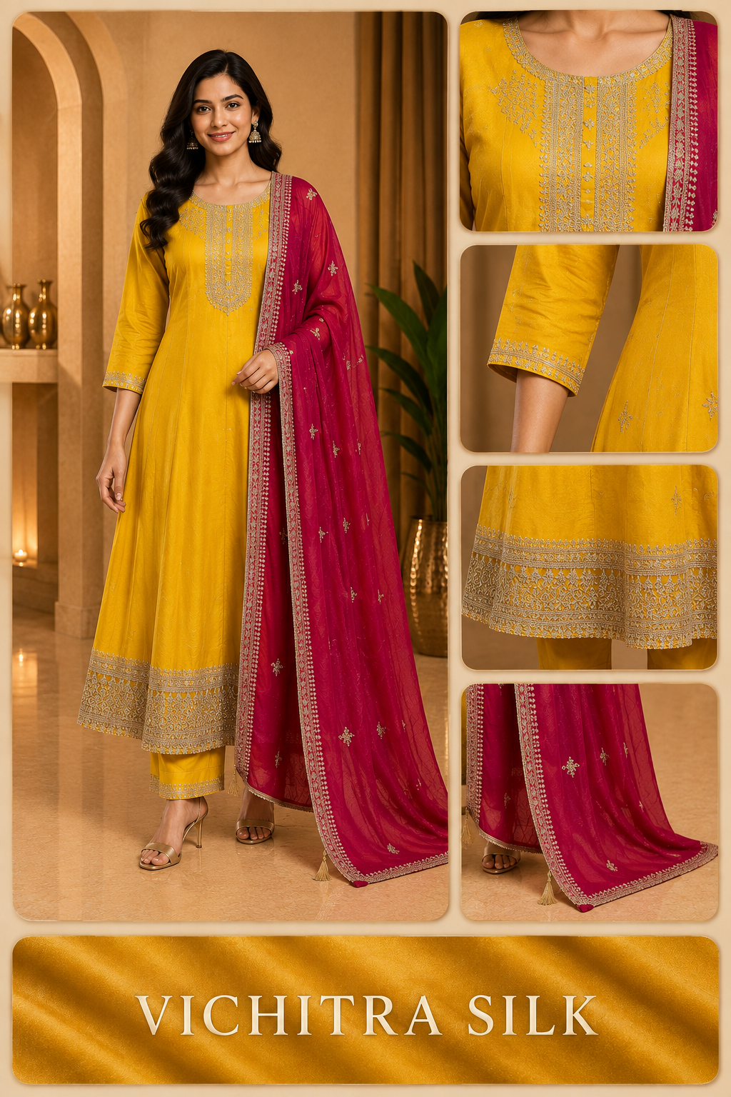 Mustard Yellow ANAARKALI DRESS with Magenta Contrast Dupatta
