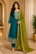 Teal ANAARKALI DRESS with Olive Green Dupatta – VICHITRA SILK 3-Piece Ethnic Set