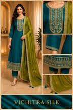 Teal ANAARKALI DRESS with Olive Green Dupatta – VICHITRA SILK 3-Piece Ethnic Set