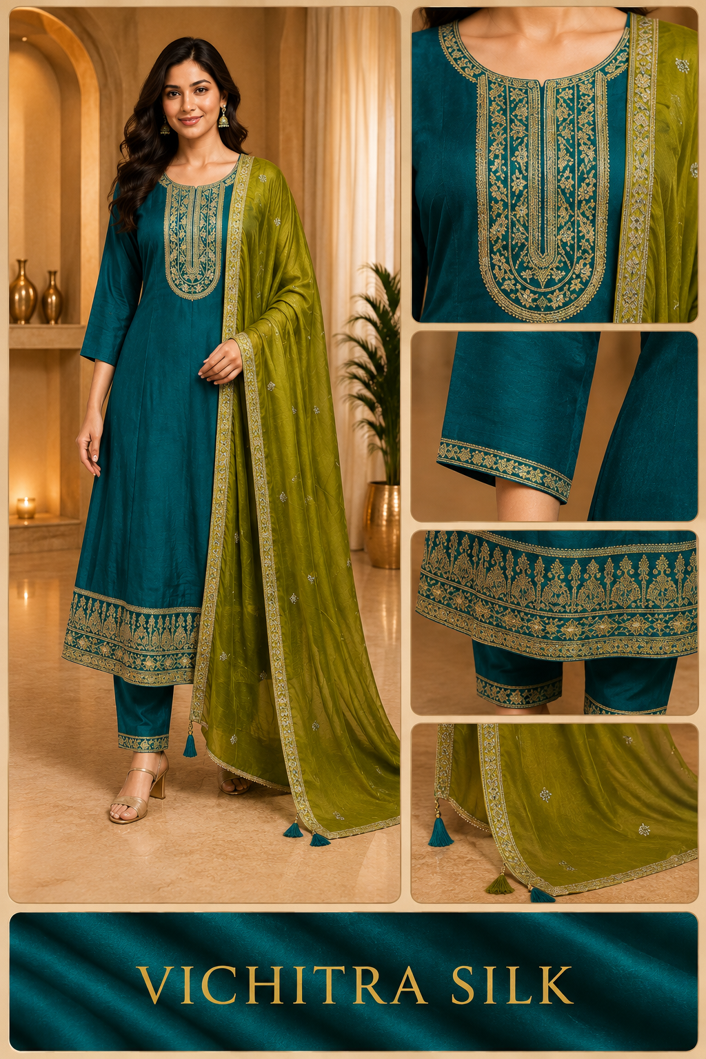 Teal ANAARKALI DRESS with Olive Green Dupatta – VICHITRA SILK 3-Piece Ethnic Set