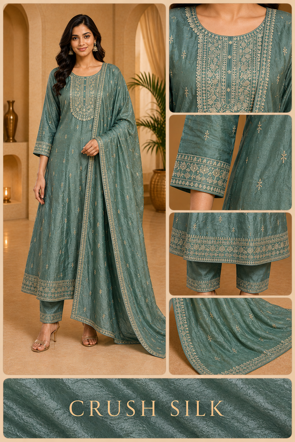 Sage Green ANAARKALI DRESS – Crush Silk 3-Piece Ethnic Set