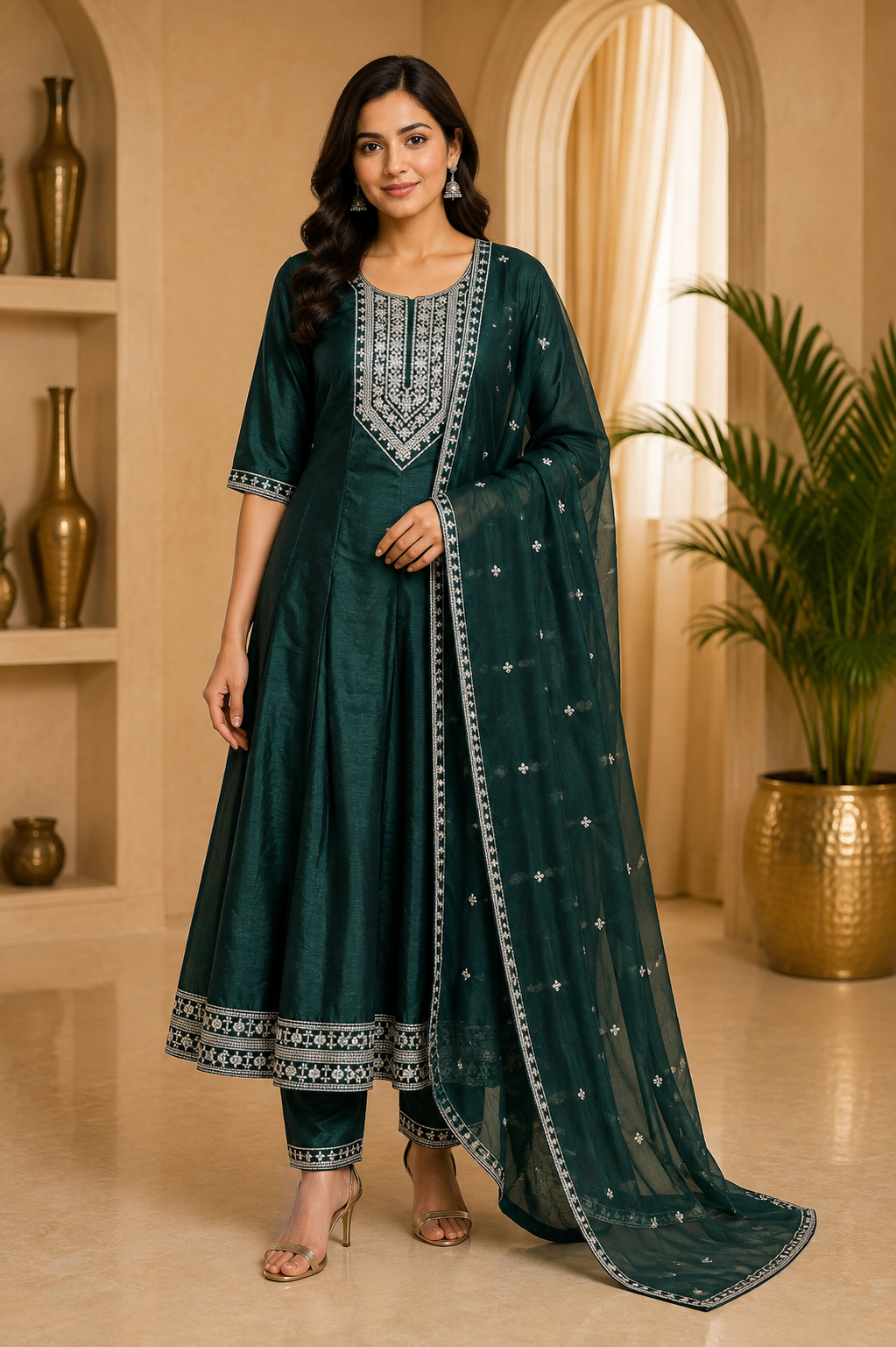 Deep Green Embroidered ANAARKALI DRESS in CRUSH SILK