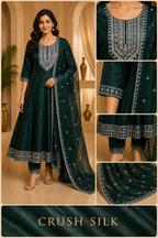 Deep Green Embroidered ANAARKALI DRESS in CRUSH SILK
