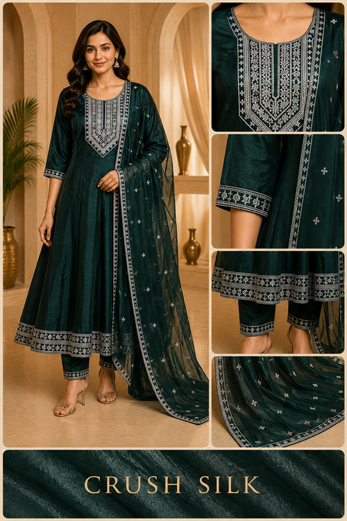 Deep Green Embroidered ANAARKALI DRESS in CRUSH SILK