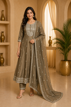Olive Brown ANAARKALI DRESS – CRUSH SILK 3-Piece Ethnic Set