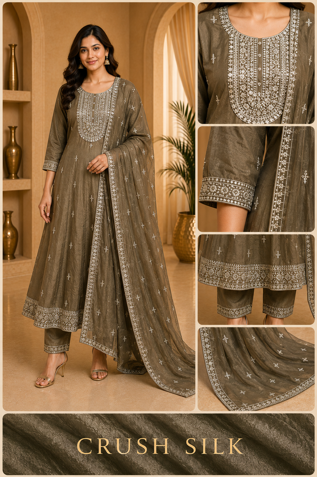 Olive Brown ANAARKALI DRESS – CRUSH SILK 3-Piece Ethnic Set