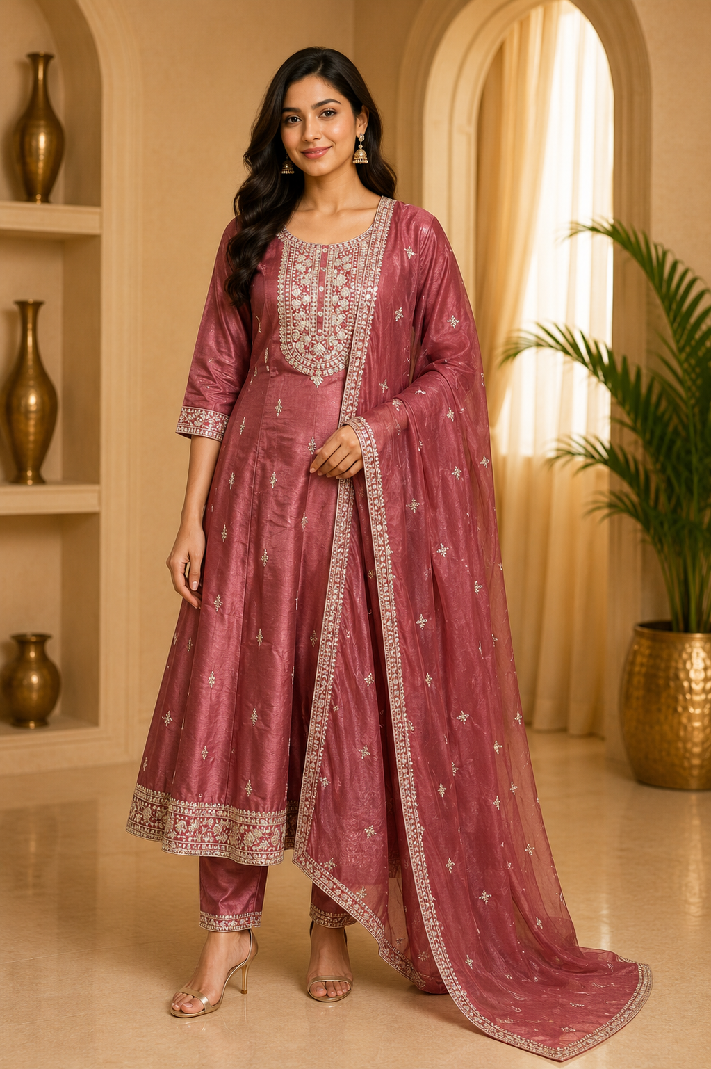 Mauve Pink ANAARKALI DRESS in Crush Silk – 3-Piece Ethnic Set
