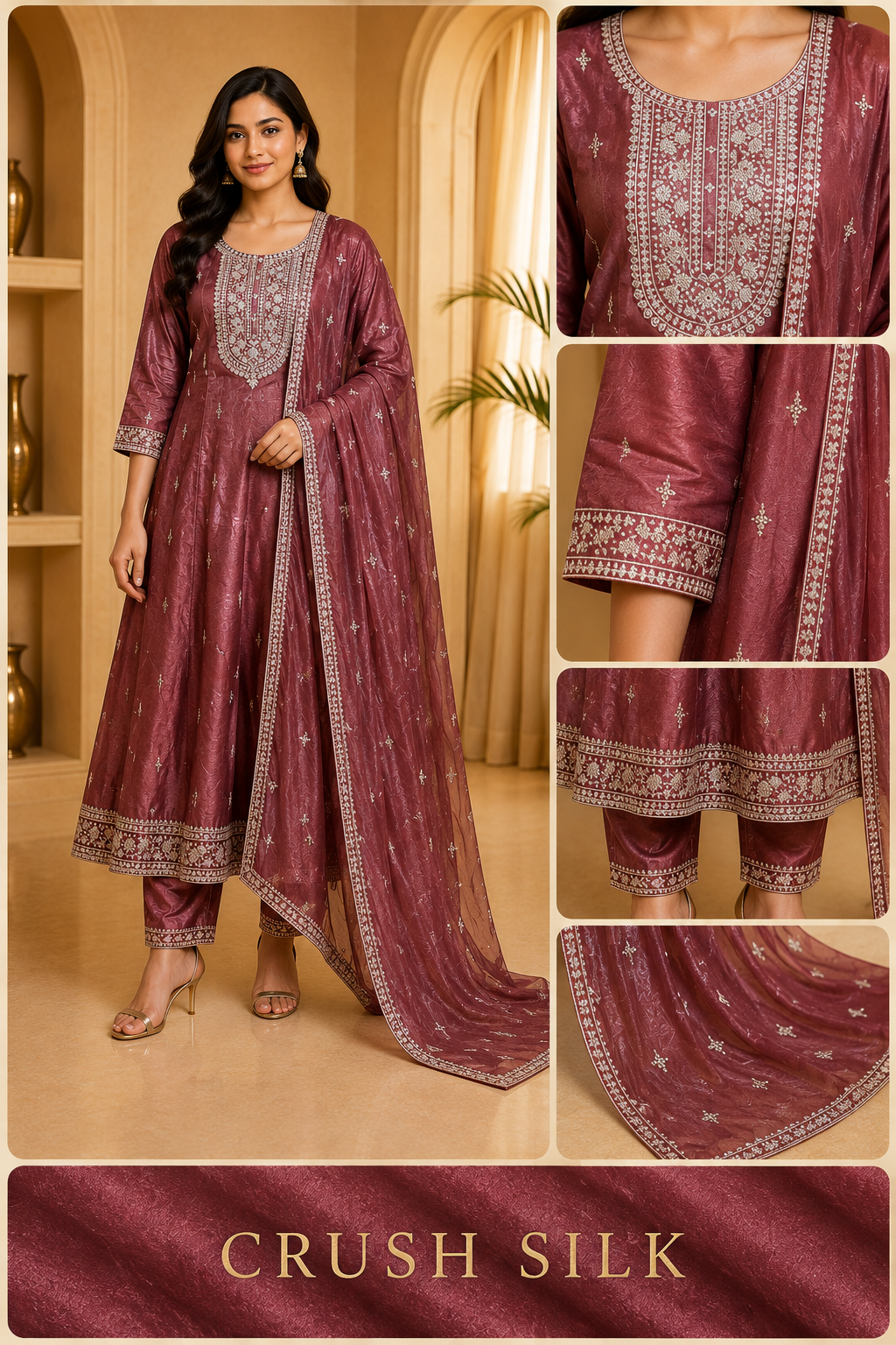 Mauve Pink ANAARKALI DRESS in Crush Silk – 3-Piece Ethnic Set