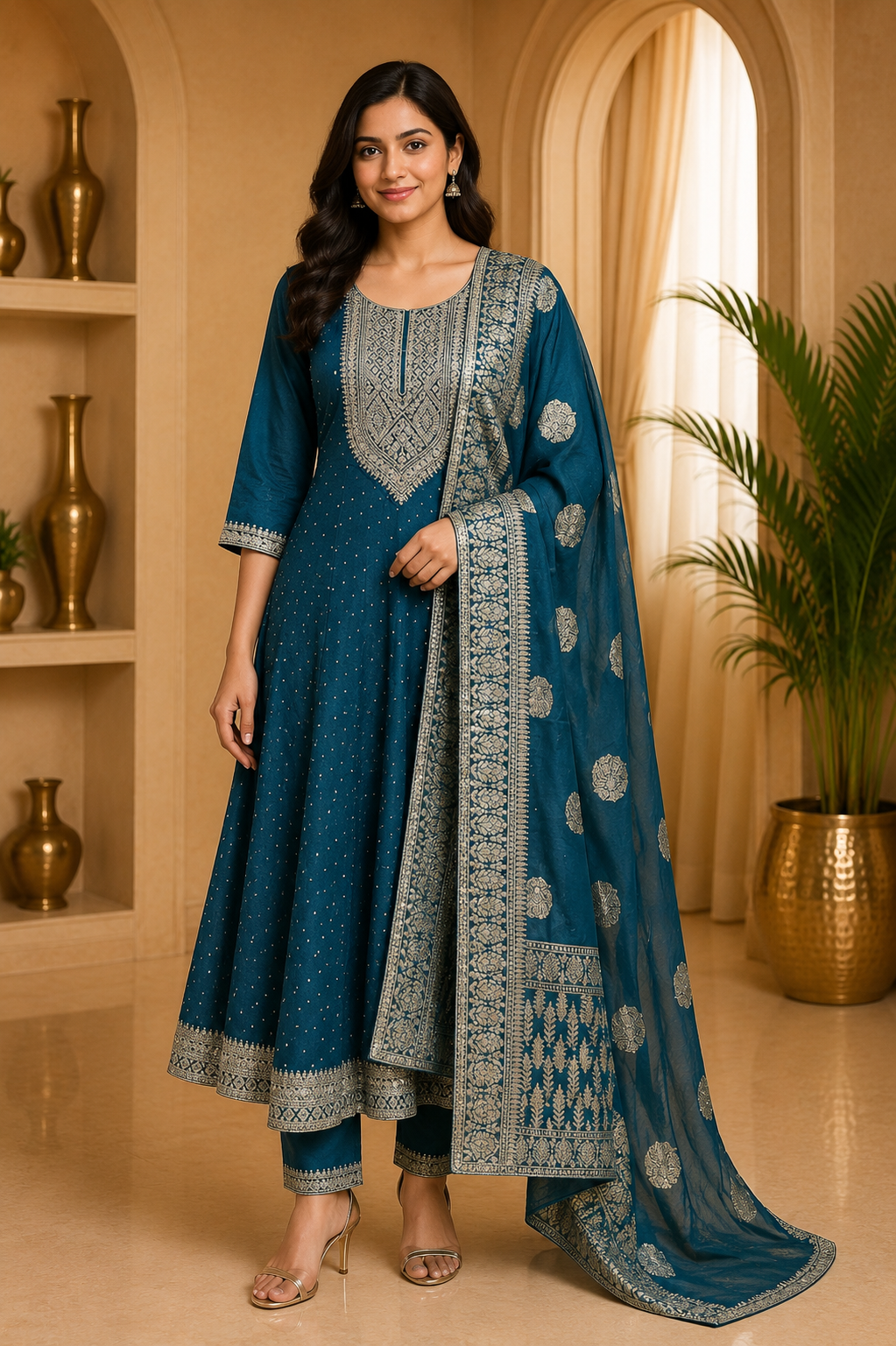Deep Teal ANAARKALI DRESS – Crush Silk 3-Piece Ethnic Set
