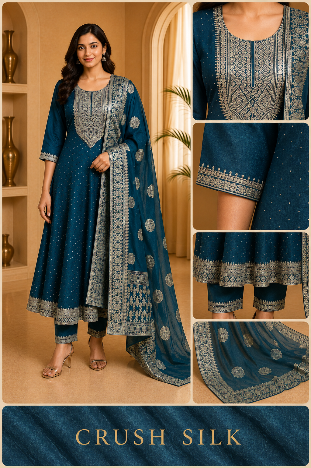 Deep Teal ANAARKALI DRESS – Crush Silk 3-Piece Ethnic Set