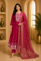 Deep Magenta ANAARKALI DRESS with Matching Pant & Contrast Dupatta